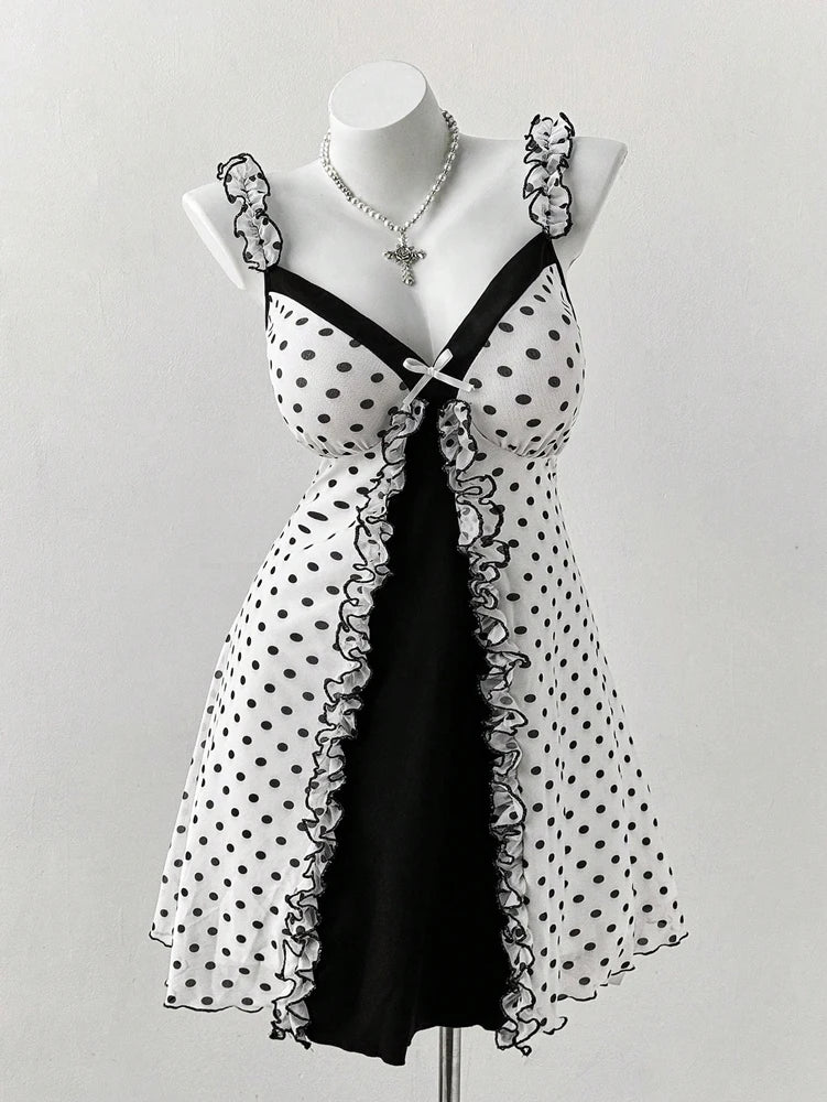 Vintage Polka Dot Gothic Mini Dress with Dark Coquette Aesthetic