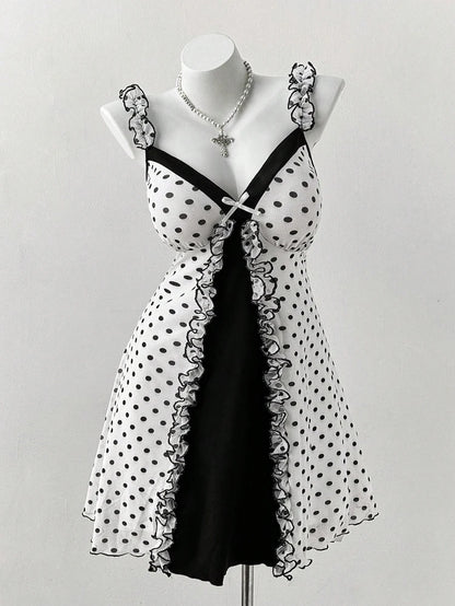 Vintage Polka Dot Gothic Mini Dress with Dark Coquette Aesthetic