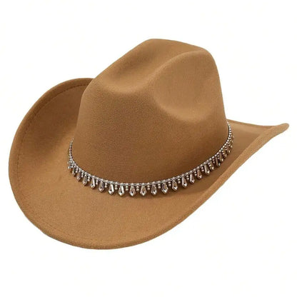 Women's Felt Western Cowboy Hat with Decorative Chain Detail for Casual Statement Style