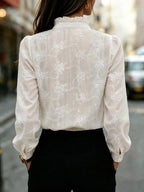Romantic Embroidered Lace Blouse with Ruffled Stand Collar and Long Puff Sleeves