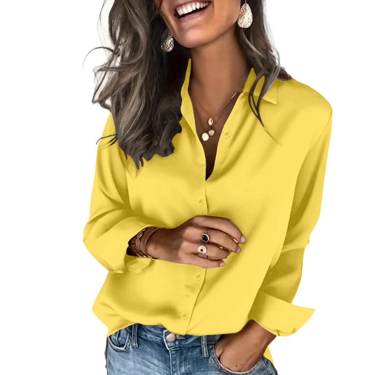 Classic Solid Black Satin-Finish Button-Down Blouse with Straight Silhouette