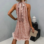 Rose Gold Sequin Halter Mini Dress with Satin Back Bow and Textured Hem
