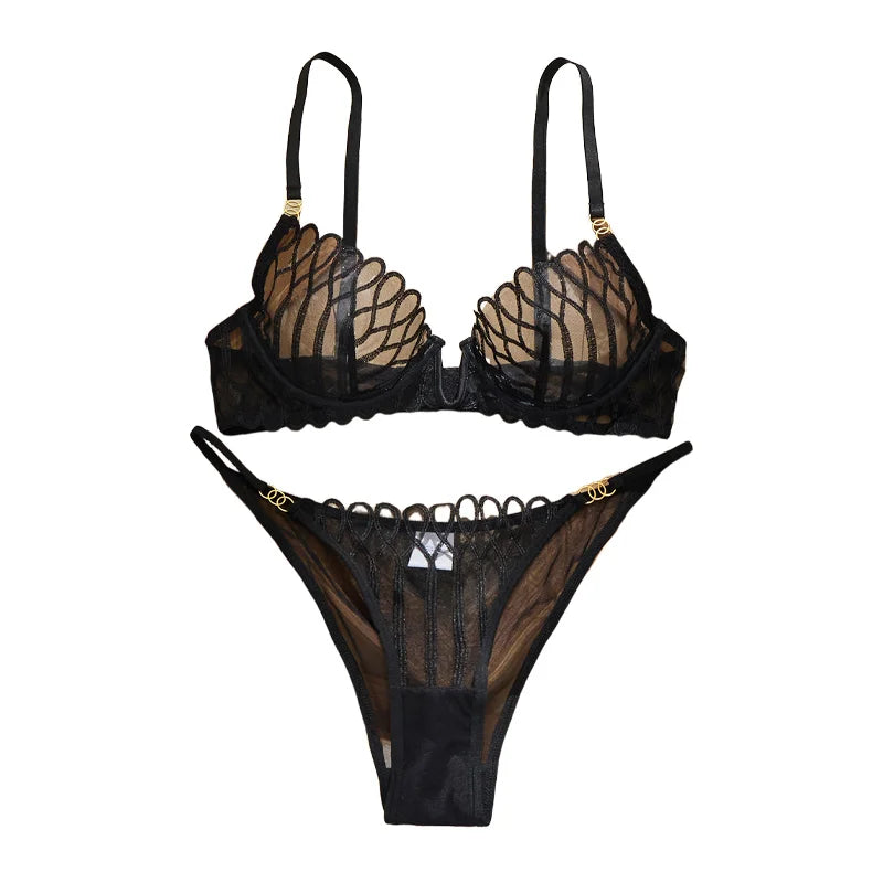 Structured Black Plunge Underwire Bra and Strappy Panty Set