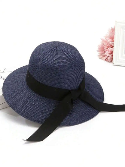 Foldable Wide Brim Straw Sun Hat with Decorative Bow for Beach and Vacation Wear