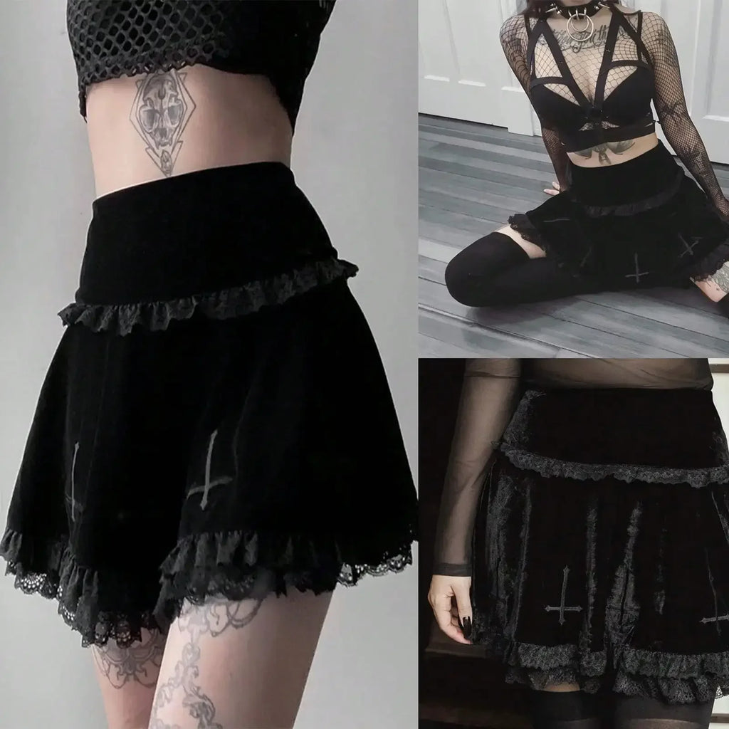 Velvet Lace Trim Mini Skirt Cross Detail Gothic Alternative Fashion Bottom