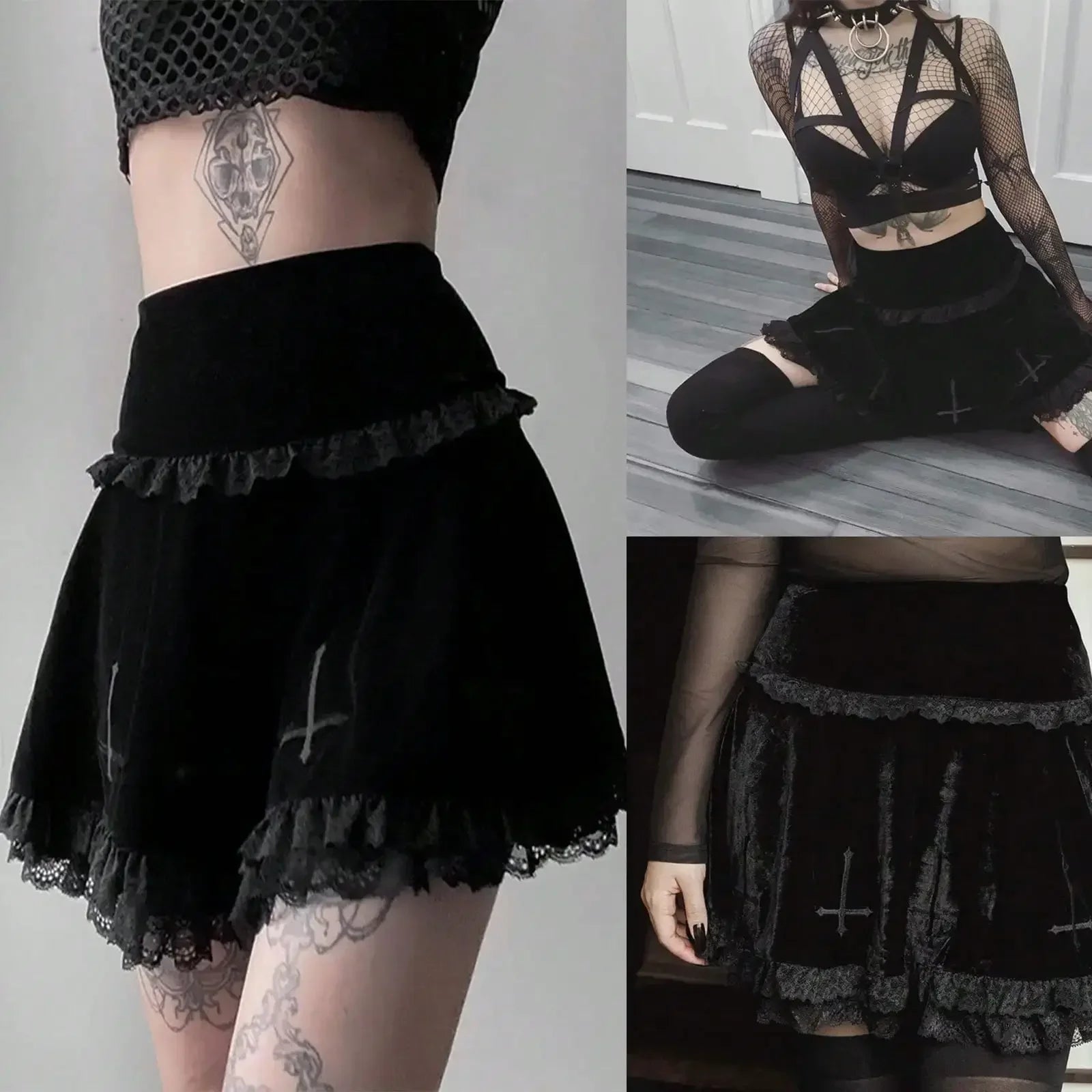 Velvet Lace Trim Mini Skirt Cross Detail Gothic Alternative Fashion Bottom