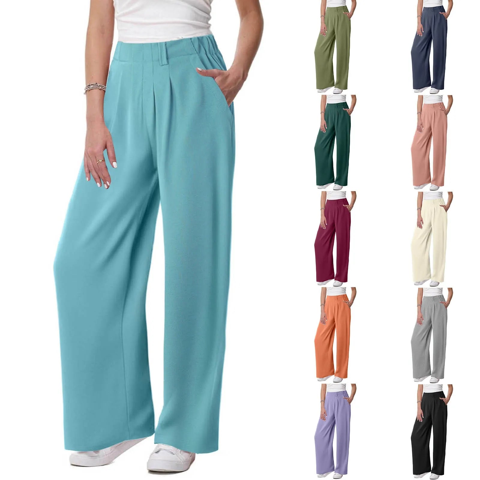 Women's Low Rise Loose Palazzo Pants with Pleated Front and Pocket Casual Streetwear Style