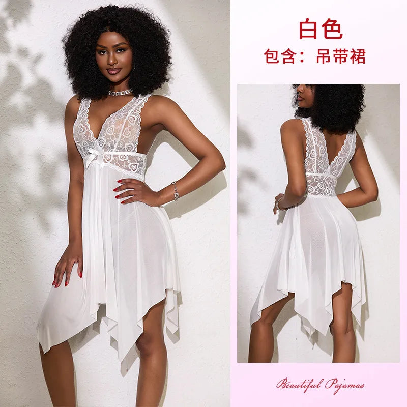 Elegant White Asymmetrical Lace Chemise with Deep V-Neckline