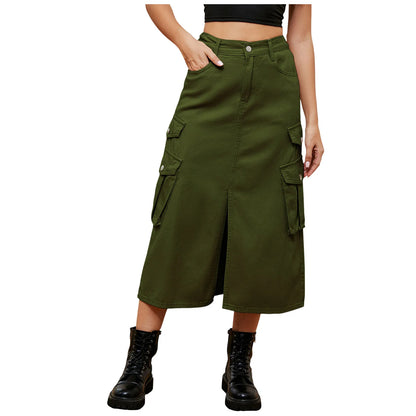 High Waist Cargo Midi Skirt with Utility Pockets Front Slit Streetwear Fashion