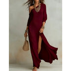 Long Sleeve Pleated Split Maxi Dress with Flowing Contemporary Elegance