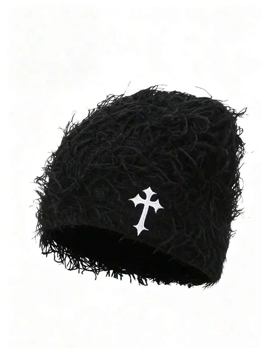 Minimalist Embroidered Cross Acrylic Knit Beanie for Modern Streetwear Winter Casual Fashion Style