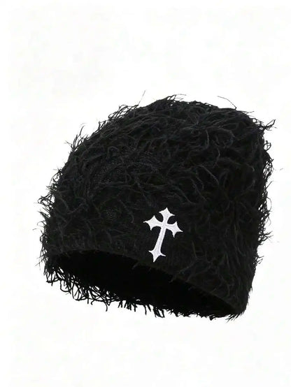 Minimalist Embroidered Cross Acrylic Knit Beanie for Modern Streetwear Winter Casual Fashion Style
