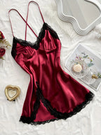 Romantic Satin-Finish Mini Slip Nightgown with Lace Trim and Criss-Cross Straps
