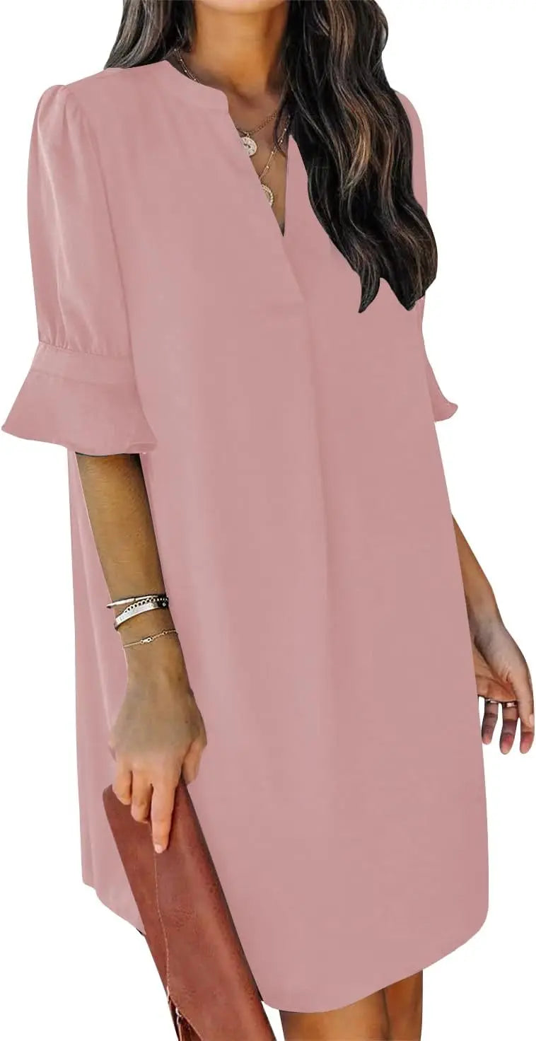 Oversized V-Neck Mini Dress with Ruffle Sleeves Contemporary Casual Streetwear Style
