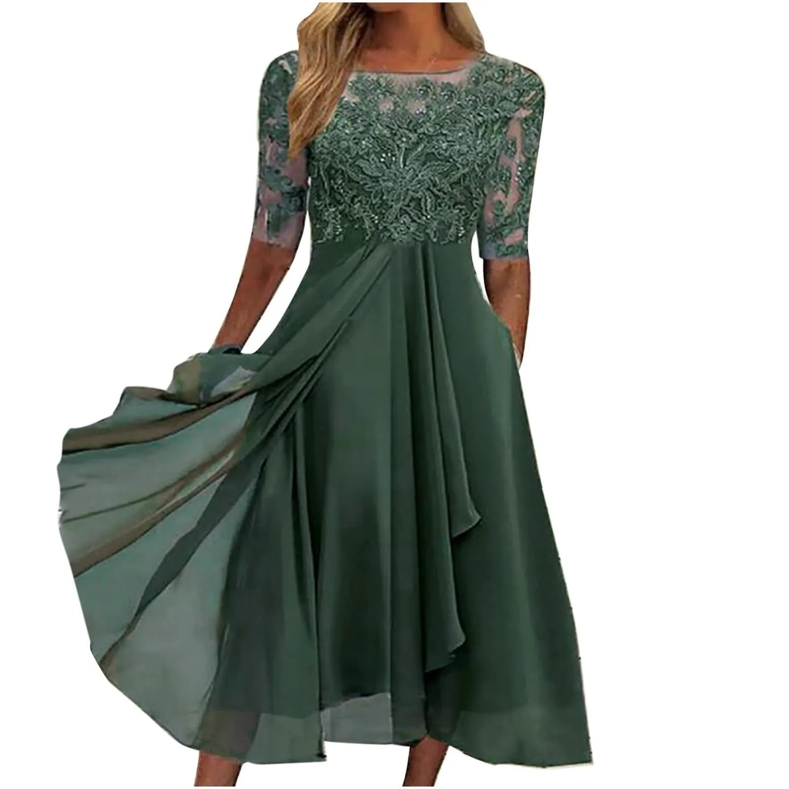 Flowing Embellished Midi Dress With Layered Chiffon Movement