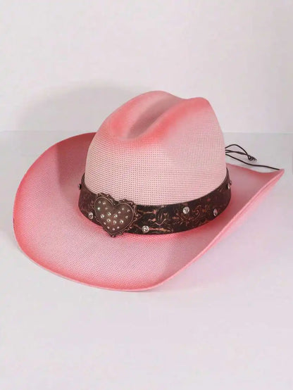 Wide Brim Straw Cowboy Hat with Decorative Rhinestone Band for Outdoor Summer Styling