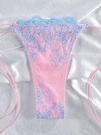 Pink and Blue Lace-Trimmed Triangle String Bikini Set