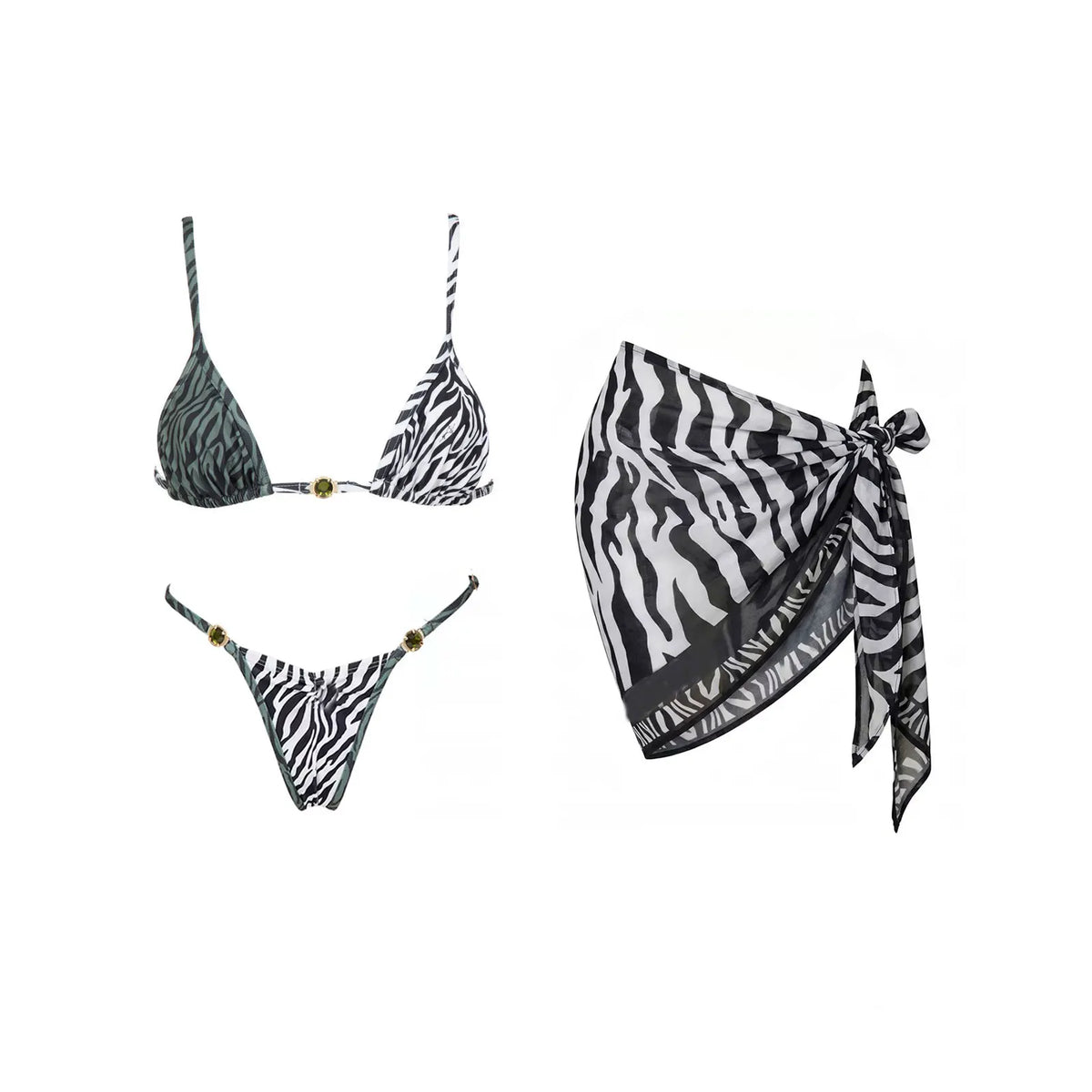 Three-Piece Zebra Print Swimwear Set with Matching Sheer Mesh Pants