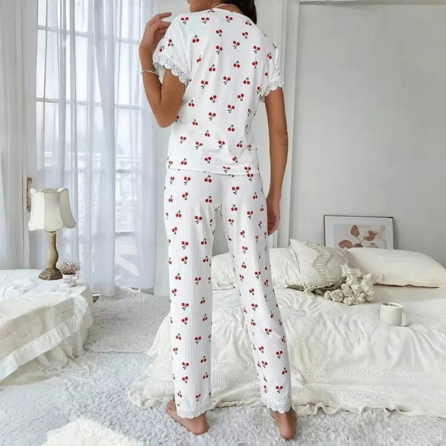 Women's Cherry Print Pajama Set with Button-Front Short-Sleeve Top and Matching Ankle-Length Pants, Lace-Trim Sleepwear