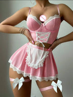Playful Black and White Sheer Mesh Maid Lingerie Set with Lace Trim