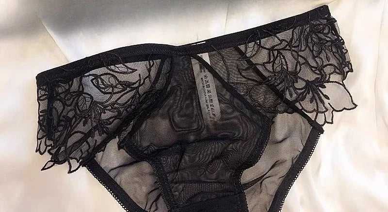Ethereal Sheer French Lace Triangle Bralette and Matching Scalloped Panty Set