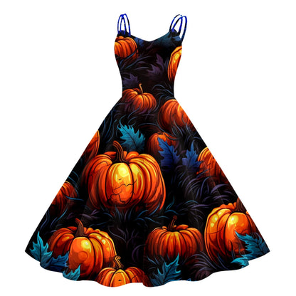 Dark Pumpkin Gothic Fit and Flare Alternative Fashion Midi Dress