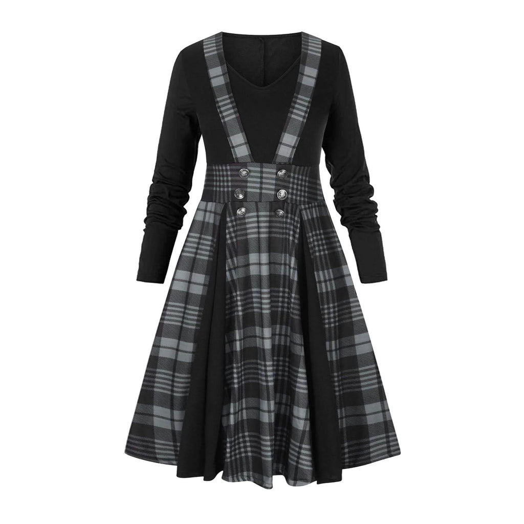 Layered Plaid Gothic Suspender Dress with Alternative Streetwear Aesthetic