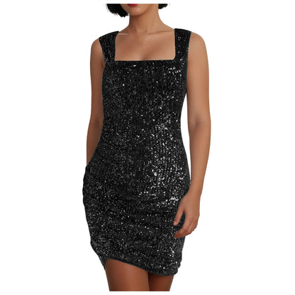 Sparkle Sequin Bodycon Mini Dress with Square Neckline and Sleek Party Fit