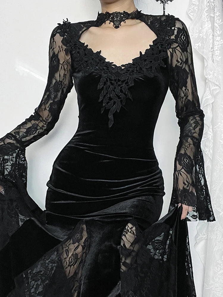 Velvet Gothic Mermaid Dress with Lace Panels and Alternative Elegance