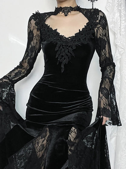 Velvet Gothic Mermaid Dress with Lace Panels and Alternative Elegance