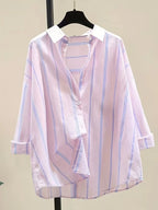 Minimalist Pink Striped Popover Blouse with Contrast White Collar