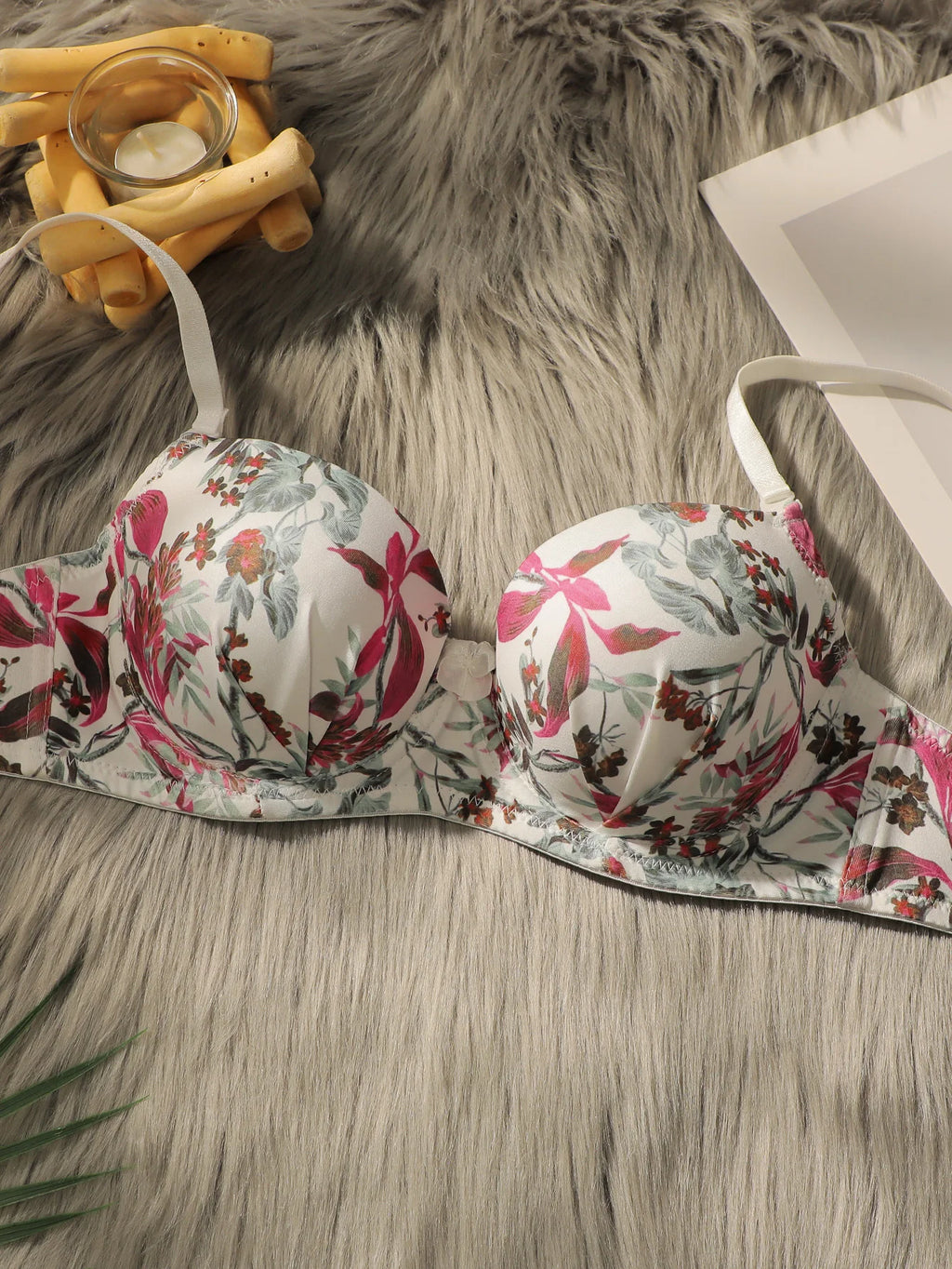 Vintage Botanical Floral Print Push-Up Bra and Brief Set
