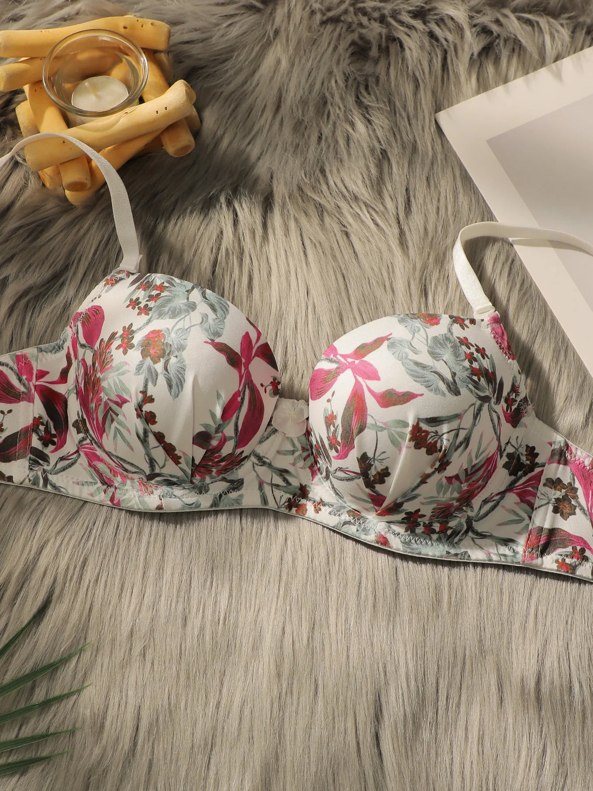 Vintage Botanical Floral Print Push-Up Bra and Brief Set