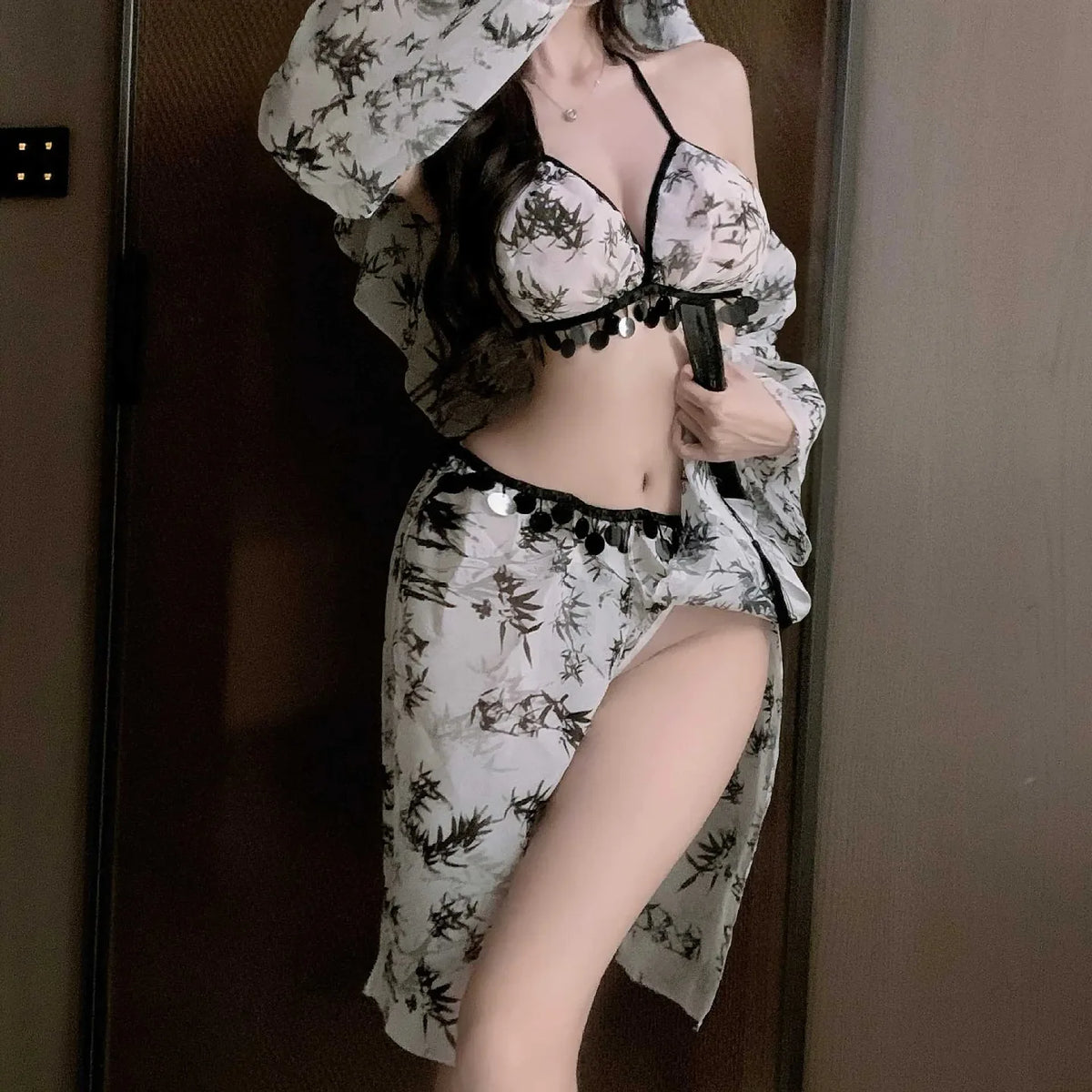Sheer Floral Print Halter Set with Lace Trim and Matching Draped Headpiece