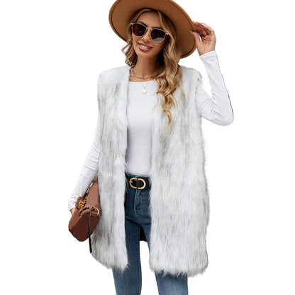 Women's Mid-Length Faux Fur Open Front Vest Cozy Casual Layering Outerwear Jacket