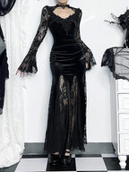 Velvet Gothic Mermaid Dress with Lace Panels and Alternative Elegance