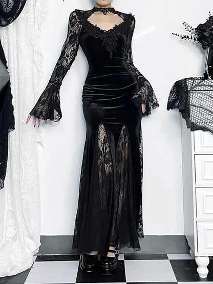 Velvet Gothic Mermaid Dress with Lace Panels and Alternative Elegance