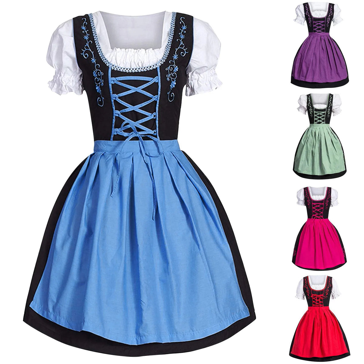 Traditional Bavarian-Inspired Dirndl Dress with Lace-Up Bodice and Puff Sleeves