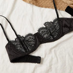 Sheer Black Floral Lace Balconette Bra and Strappy Thong Set