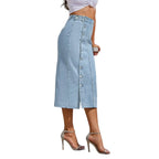 High Waist Irregular Denim Midi Skirt with Button Detail Contemporary Casual Fashion
