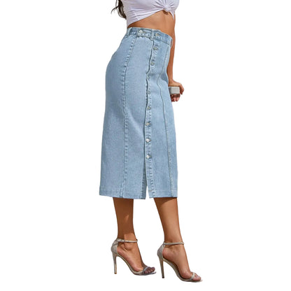 High Waist Irregular Denim Midi Skirt with Button Detail Contemporary Casual Fashion