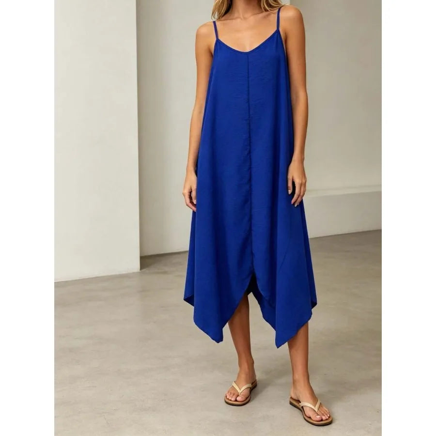 Spaghetti Strap V-Neck Maxi Dress with Relaxed Fit and Asymmetrical Hem