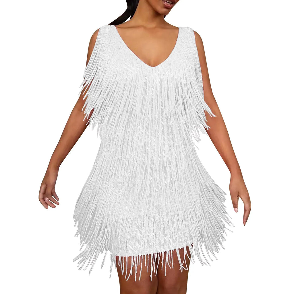 Black Sequin and Tassel Fringe Mini Dress with Plunging V-Neckline