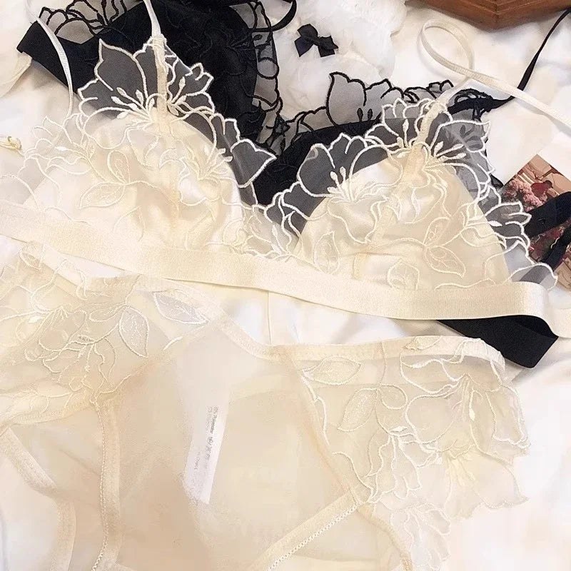 Ethereal Sheer French Lace Triangle Bralette and Matching Scalloped Panty Set