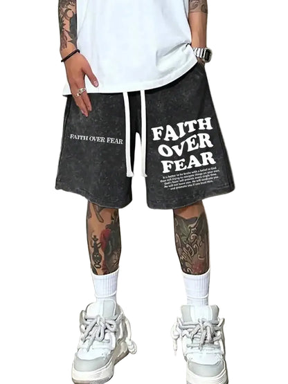 Men's Relaxed Cotton Drawstring Shorts with Vintage Washed Graphic Streetwear Style