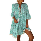 Relaxed Bohemian Tassel-Trimmed Shift Dress in Teal Geometric Print