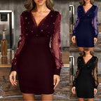 Sequin Detail Bodycon Mini Dress with Sheer Sleeves and V-Neck Design
