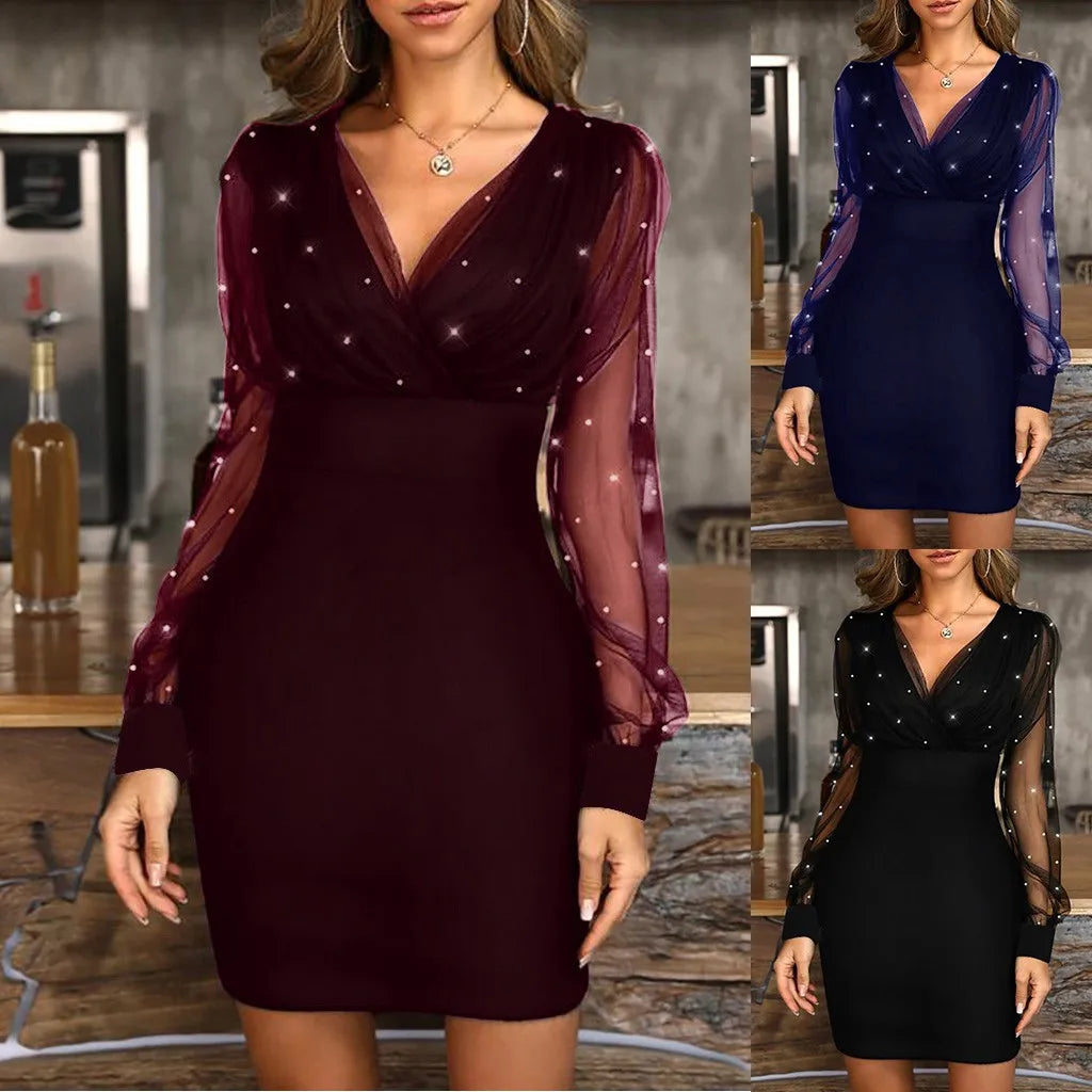 Sequin Detail Bodycon Mini Dress with Sheer Sleeves and V-Neck Design