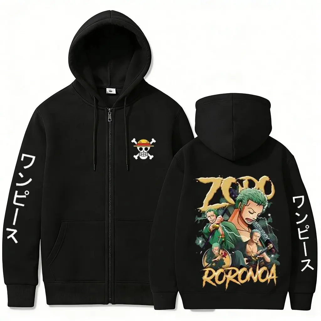 Swordsman Streetwear Zip Hoodie with Manga Graphic Back Design