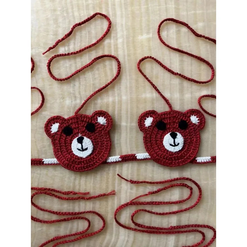 Red and White Crochet Micro Bikini with Bear Motif and Checkered Bottom
